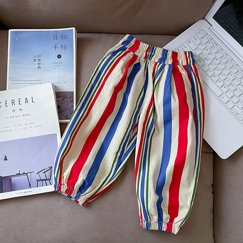 

Children Pants 2023 Spring Autumn New Fashionable Korean Style Rainbow Striped Printed Boy and Girl Cotton Casual Simple Pants
