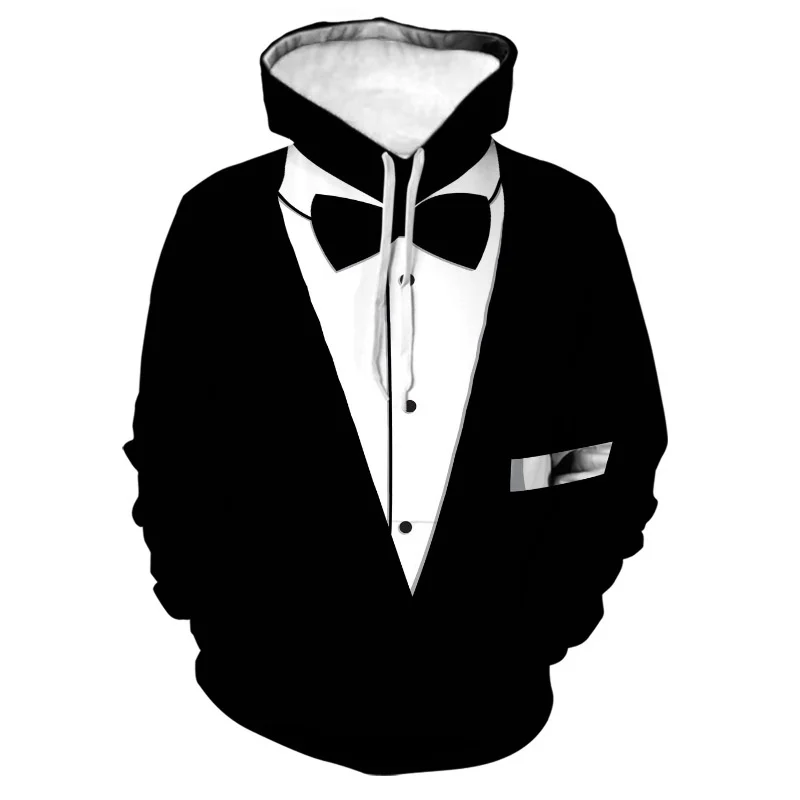 thumbnail image 1 of Sudadera con capucha de traje falso divertida con estampado 3D para hombre, esmoquin con patrón de pajarita, sudaderas casuales de manga larga para cosplay, sudaderas con capucha de calle, 1 of 5