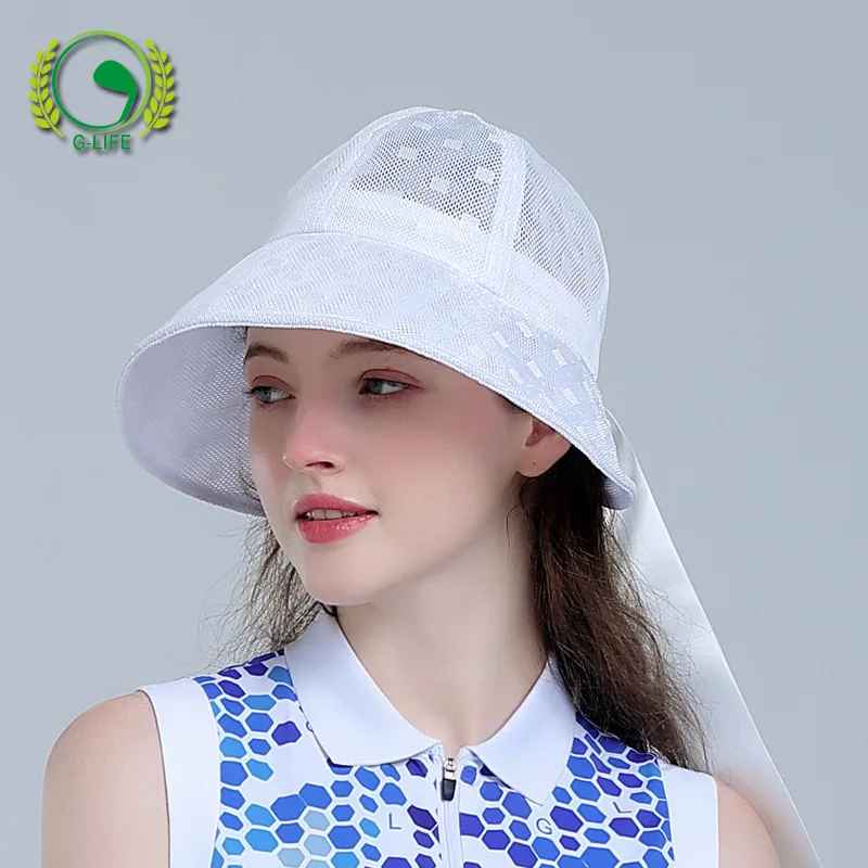 G-life Women Sun Protection Golf Caps Ladies Breathable Wide Brim Hats Women Lace Hollow Bow Visor Summer Outdoor Anti-Uv Caps