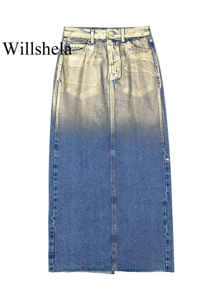 

Willshela Women Fashion Denim Patchwork Front Zipper Back Slit Midi Skirt Vintage High Waist Female Chic Lady Skirts