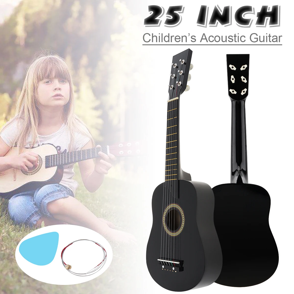 

25 Inch Acoustic Guitar Black Basswood Adults Guitarra with Pick Strings Musical Instrument Gifts for Children and Beginner