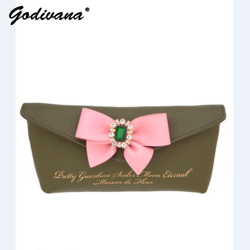 Japanese Style Spring Fashion New Rhinestone Bowknot Small Zipper Clutch Bag for Daily Necessity Girls Cosmetic Bag Pencil Case 2022 new underarm bags women handbags zipper shoulder pouch all match youth commute organizer bags clutch mushroom print pattern