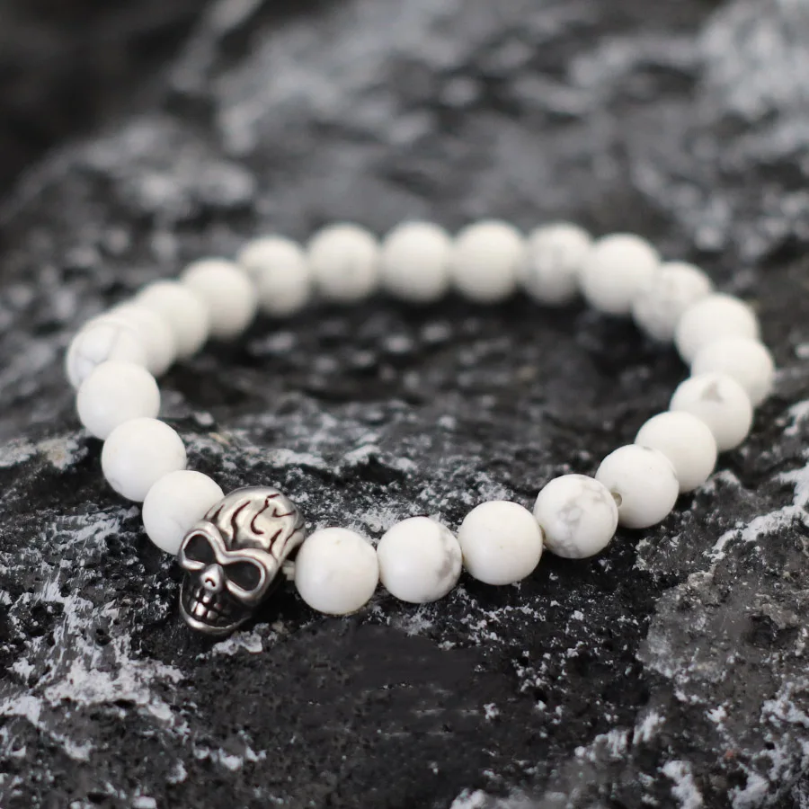 Men Lava Beaded Skull Bracelet Natural Stone Hiphop Jewelry