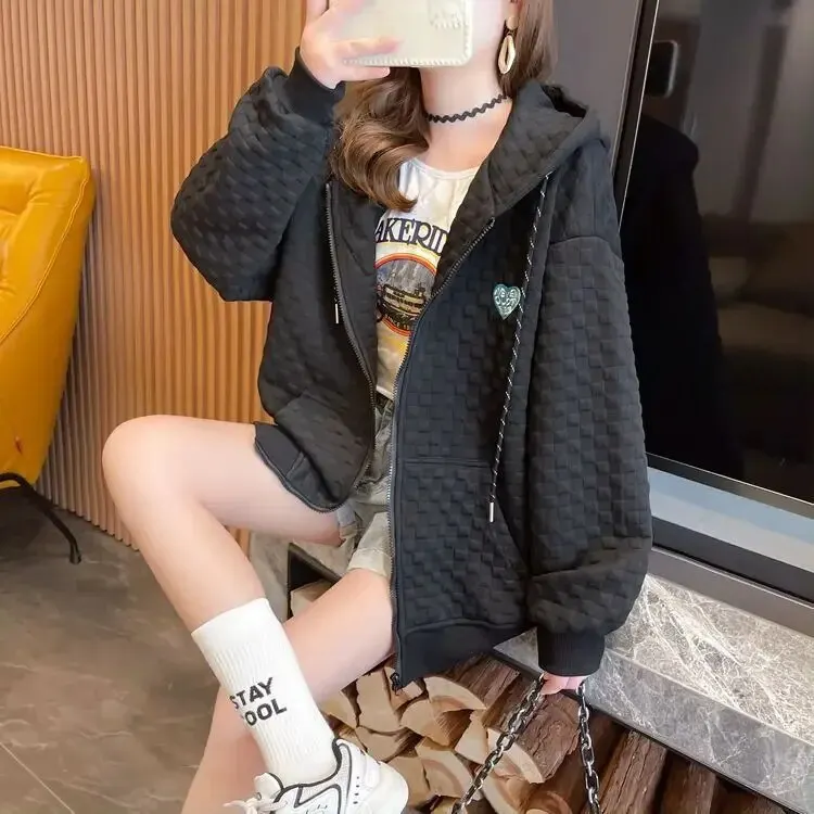 여성 니치 디자인 월프 체크 집업 후디 맨투맨, 루즈핏 얇은 트렌디 가디건 재킷, 용수철 가을