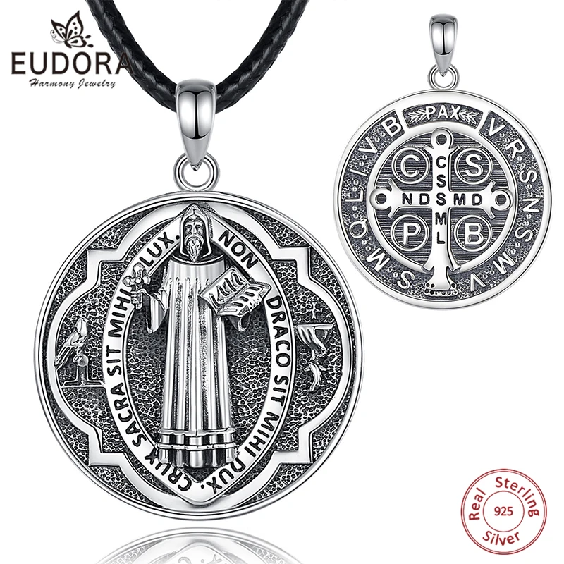 

Eudora Real 925 Sterling Silver Saint Benedict Medal Necklace for Men Women san benedict Cross Amulet Pendant Religious Jewelry