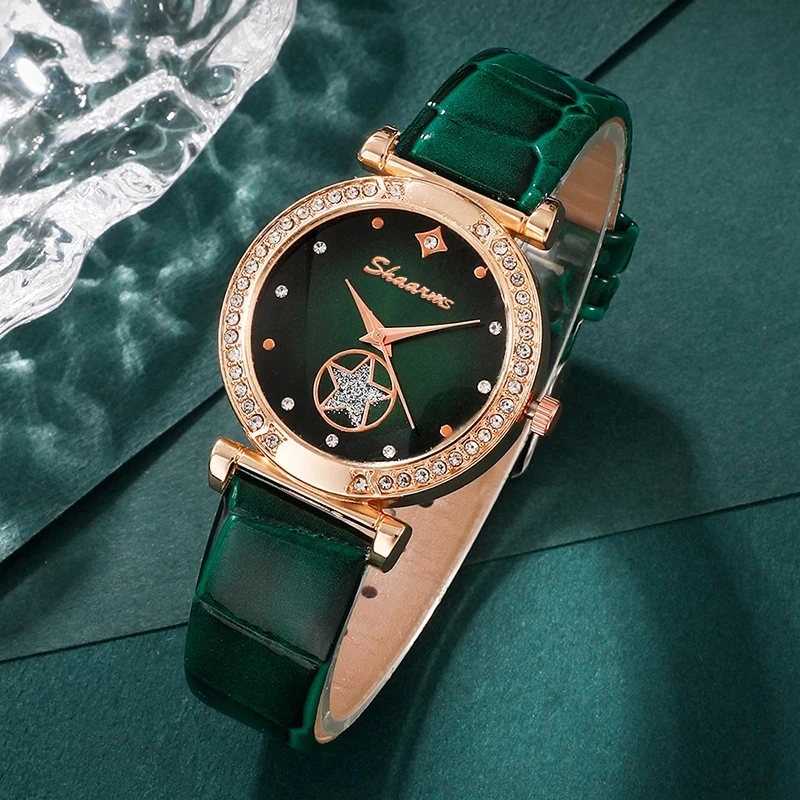 Women Watches 6PCS Set Quartz Watch Ring Necklace Earring Bracelet