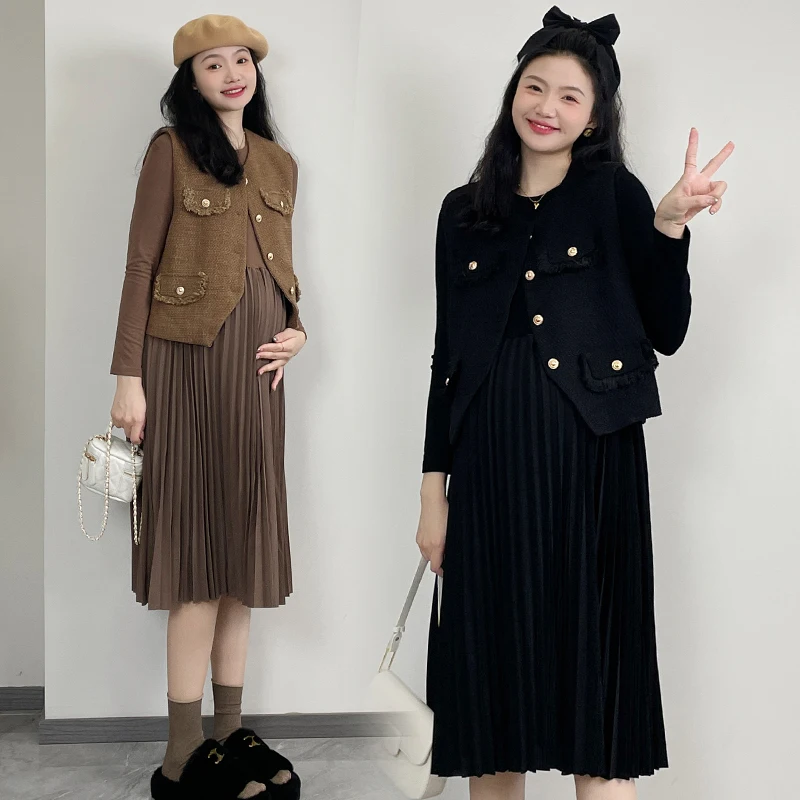 Winter Pregnant Woman Clothes Set Long Sleeve Pleated Dress+woolen Vest Jacket Two Pieces Set Elegant Maternity Dress Suits