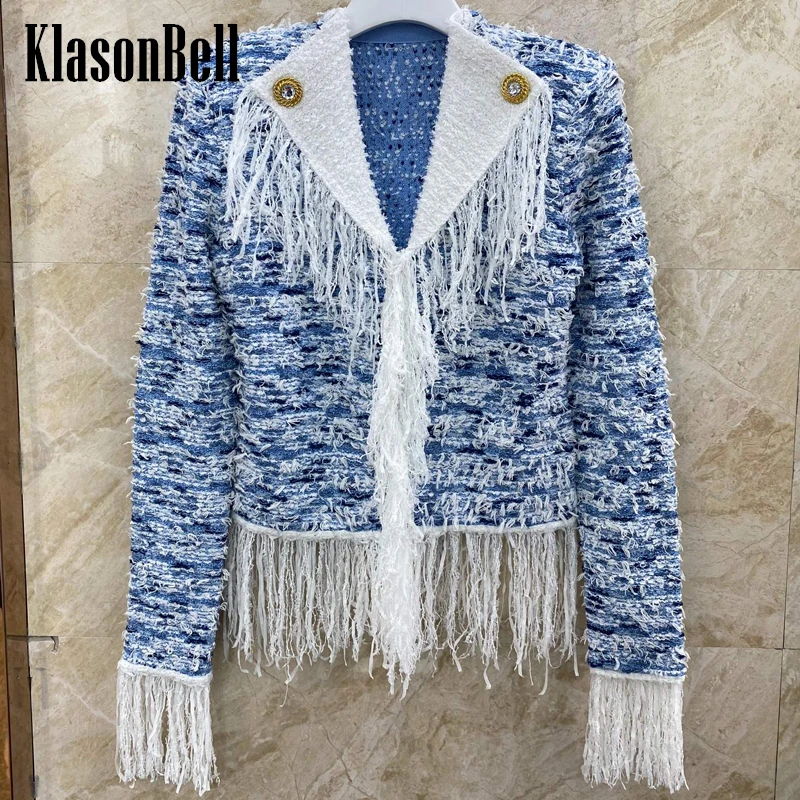 

Женская твидовая куртка KlasonBell с пуговицами со стразами и бахромой, Новое поступление 4,22, модная универсальная короткая верхняя одежда с отложным воротником