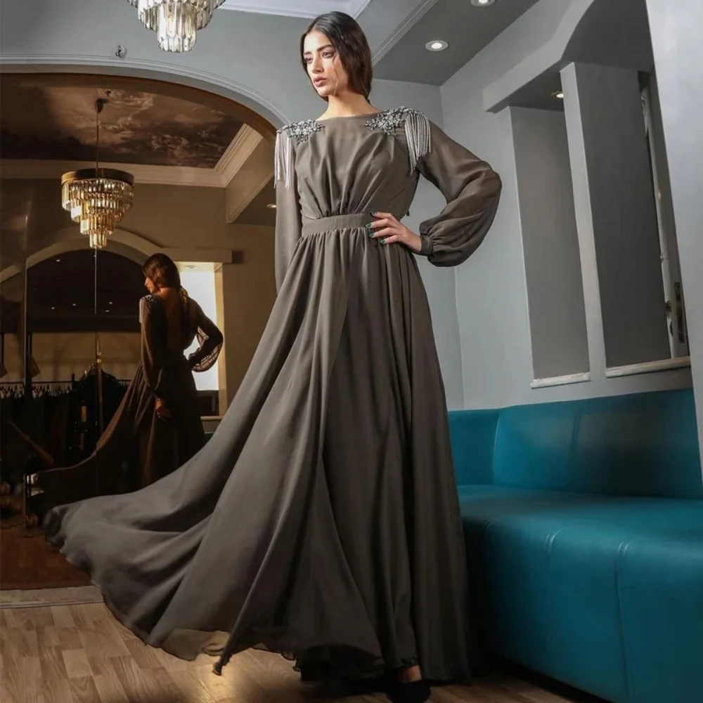 

Classic O-Neck Prom Dress Beads Tassel Mother Reception Dress Long Sleeves A-Line Party Dress Custom Women Long Evening Dress