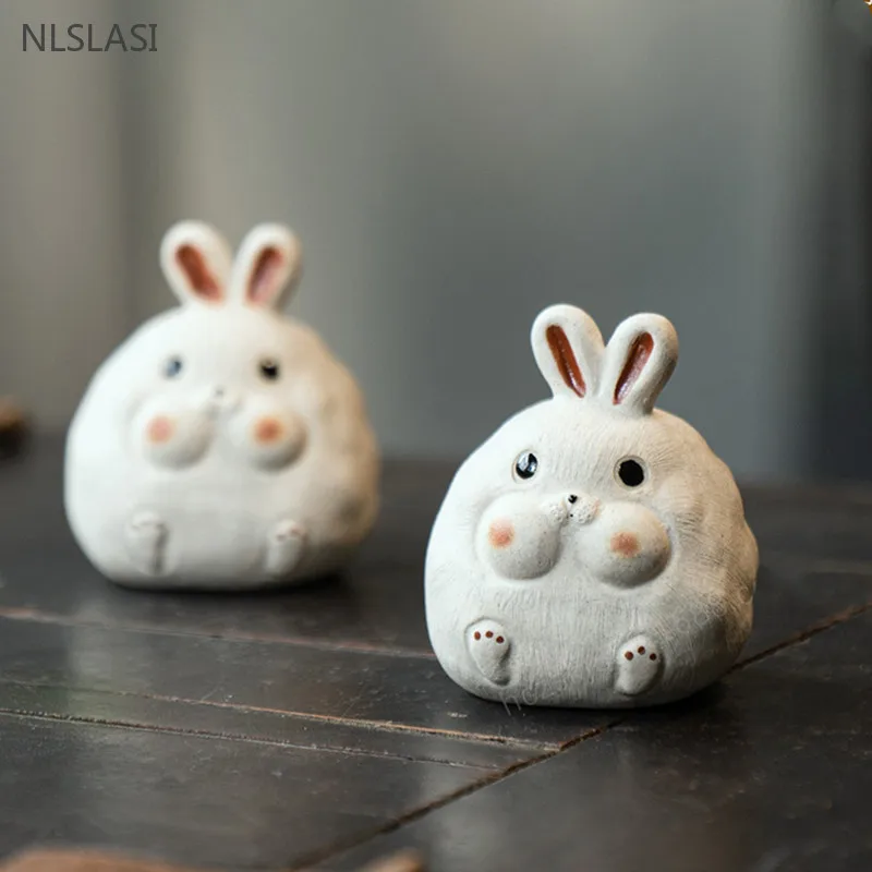 Retro Purple Clay Tea Pet Chinese Zodiac Rabbit Statue Animal Tea Figurine Ornaments Desktop Crafts Tea Set Accessories