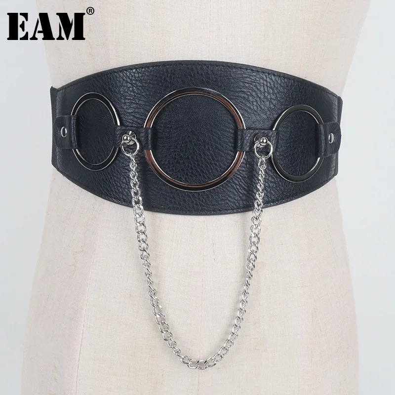 

[EAM] Pu Leather Black Metal Chain Long Wide Elastic Belt Personality Women New Fashion All-match Spring Autumn 2024 1DF8252