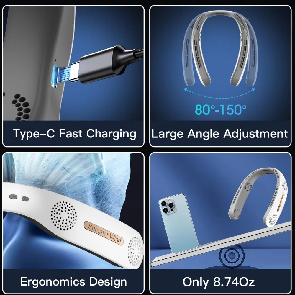 4-Turbine Wearable Neck Fan - Ultra-Quiet 360° Cooling, 4000mAh Battery, 3 Speeds, Hair-Safe - Gift for Family/Friends/Colleague