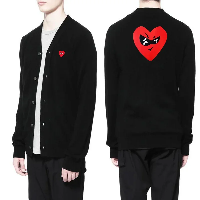 

Break Egg Men Sweater Cardigan V-Neck Heart Embroidery Back Print Single Breasted Long Sleeve Spring Autumn Casual Loose Sweater