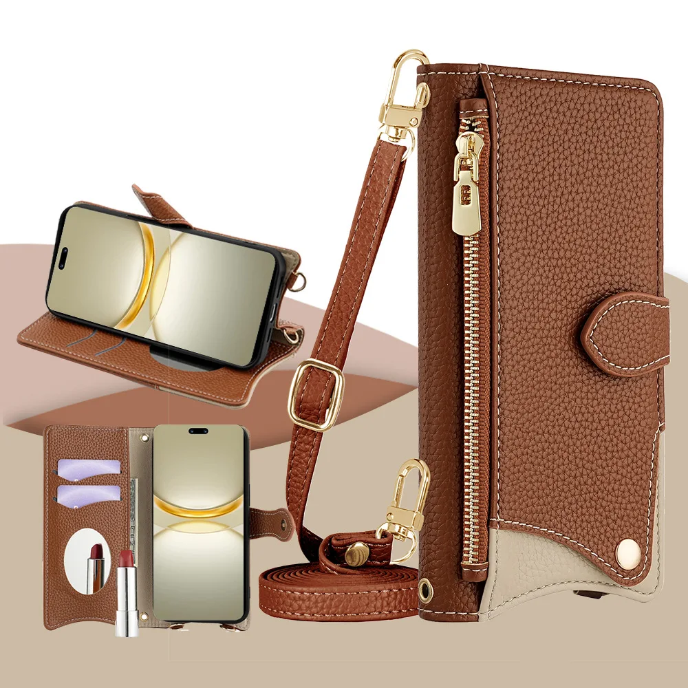 Zipper Mirror Wallet Case with Leather Wrist Strap and Multi-Card Holder