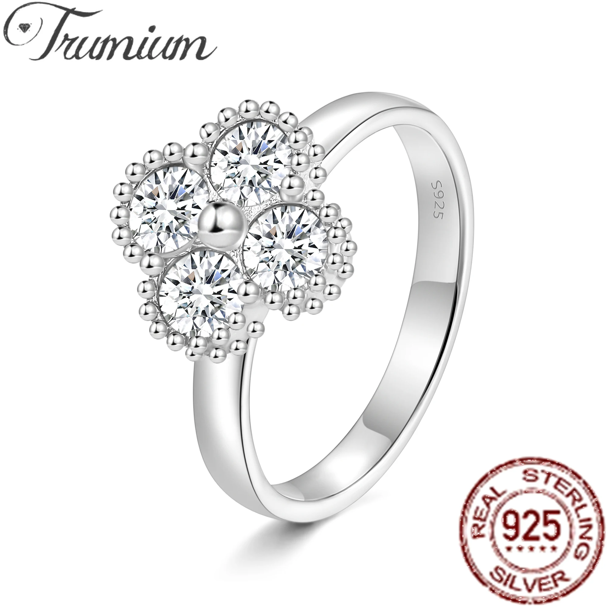 Trumium 1,2 Karat Sterlingsilber 925 Moissanit-Ring, Kleeblatt-Glücksbringer-Schmuck, Verlobungsringe für Frauen, luxuriöses Geschenk