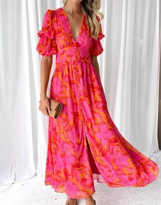 Bohemian Vacation Style Women's V-Neck Short Sleeved High Waist Slit Flower Print Casual Long Dress. S-3X - view