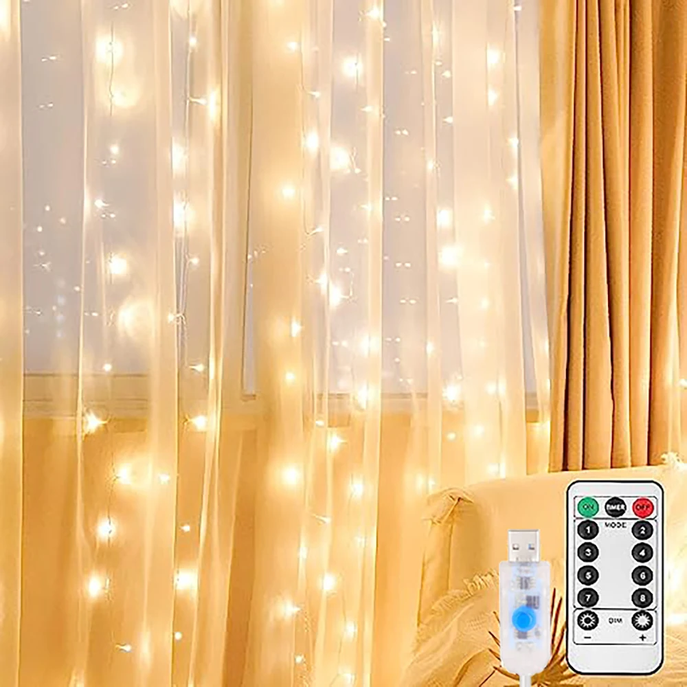 LED 커튼 조명 침실 조명, USB 요정 스트링, 8 가지 모드 원격 화환, 웨딩 홈 침실 장식 조명, 3*3M