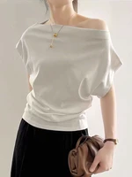 Korean Elegant Summer Off shoulder Top Women One shoulder Loose Casual Short sleeve T shirt Fashion Basic Blouse Lady Spring Sum 1
