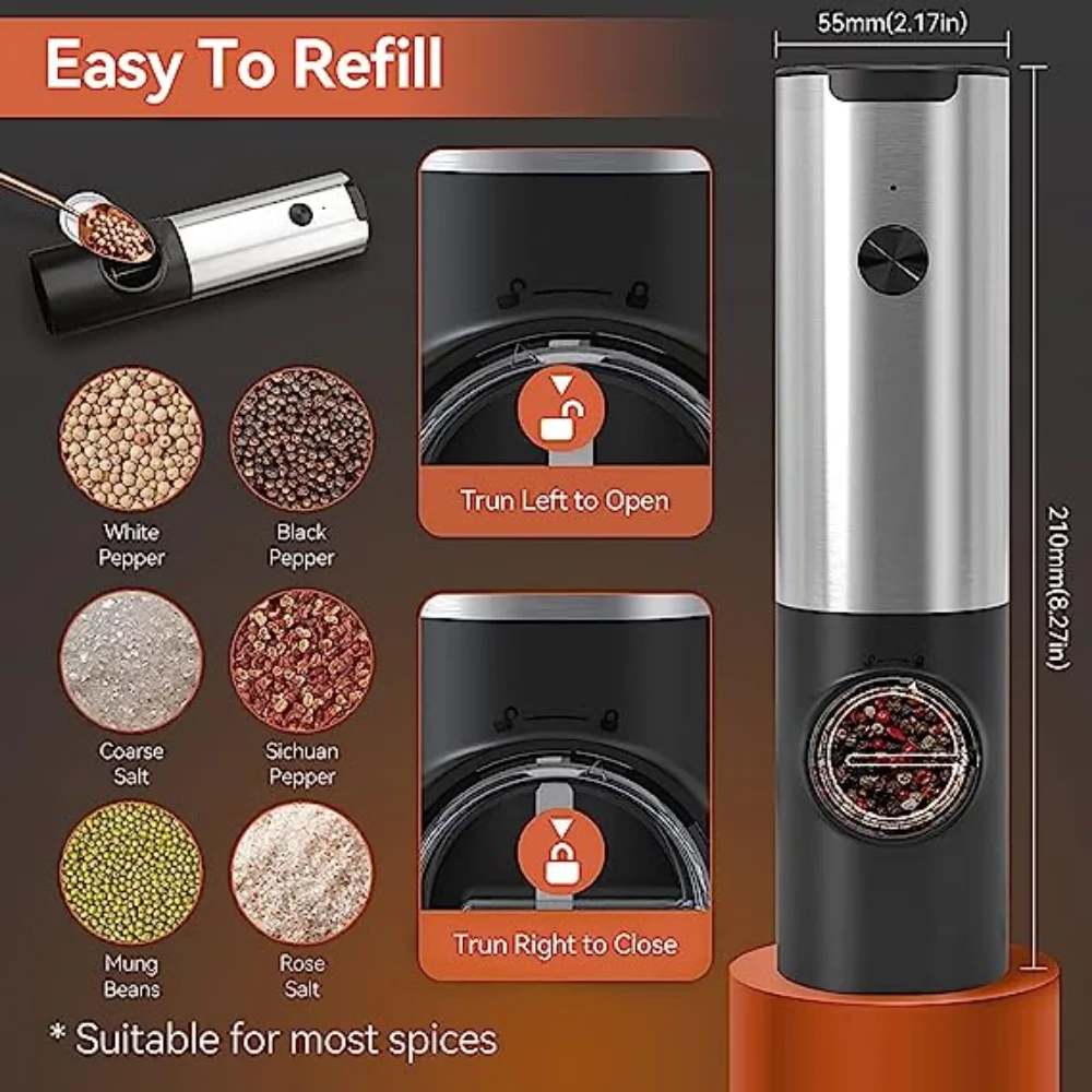 2pcs, Electric Salt And Pepper Grinder Set, USB Rechargeable With LED Light  Pepper Mill, One Hand Operation Pepper Grinder, Adjustable Coarseness, Ref