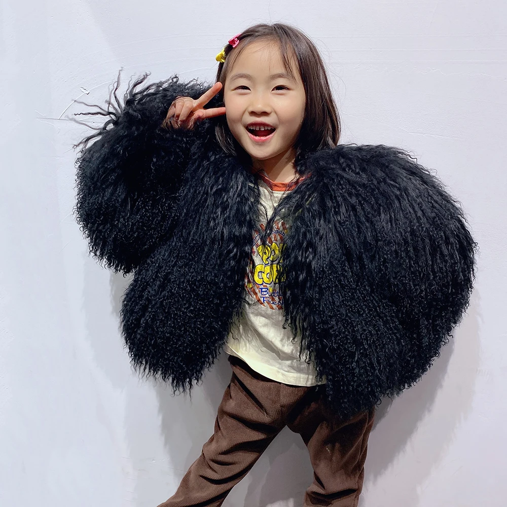 YOLOAgain Children's Jacket Girls Real Mongolia Sheep Fur Jacket