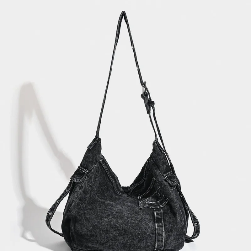 Large Capacity Tote Bag Water Washed Denim Fabric Bag Autumn Winter Niche Design Rivet Commuter Crossbody Big Bag