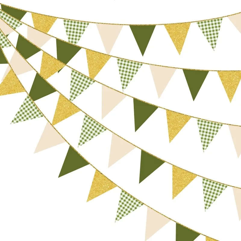 Sage Green Gold Plaid Pennant Banner - Festive Paper Triangle Bunting