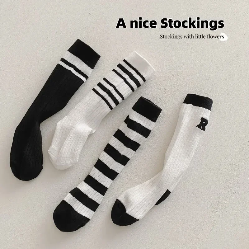 Children School White Black Stripes Sport Socks Korean Knee High Long Stockings for Children Kids Boys Girls Baby Stuff Clothes