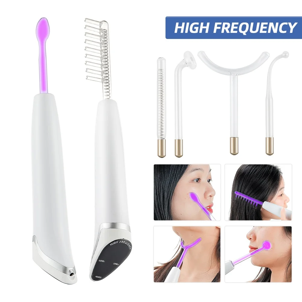 6 IN 1 High Frequency Facial Machine Purple/Orange Light Electrode Wand Hair Regrowth Treatment Comb Ance Remover Anti-Wrinkle