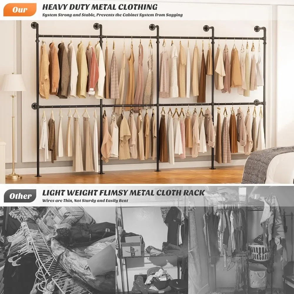 New2025-Industrial Pipe Clothing Rack, Reversible 13FT Clothes Rack for Hanging Clothes, Heavy Duty Garment Racks, Wall Mounted