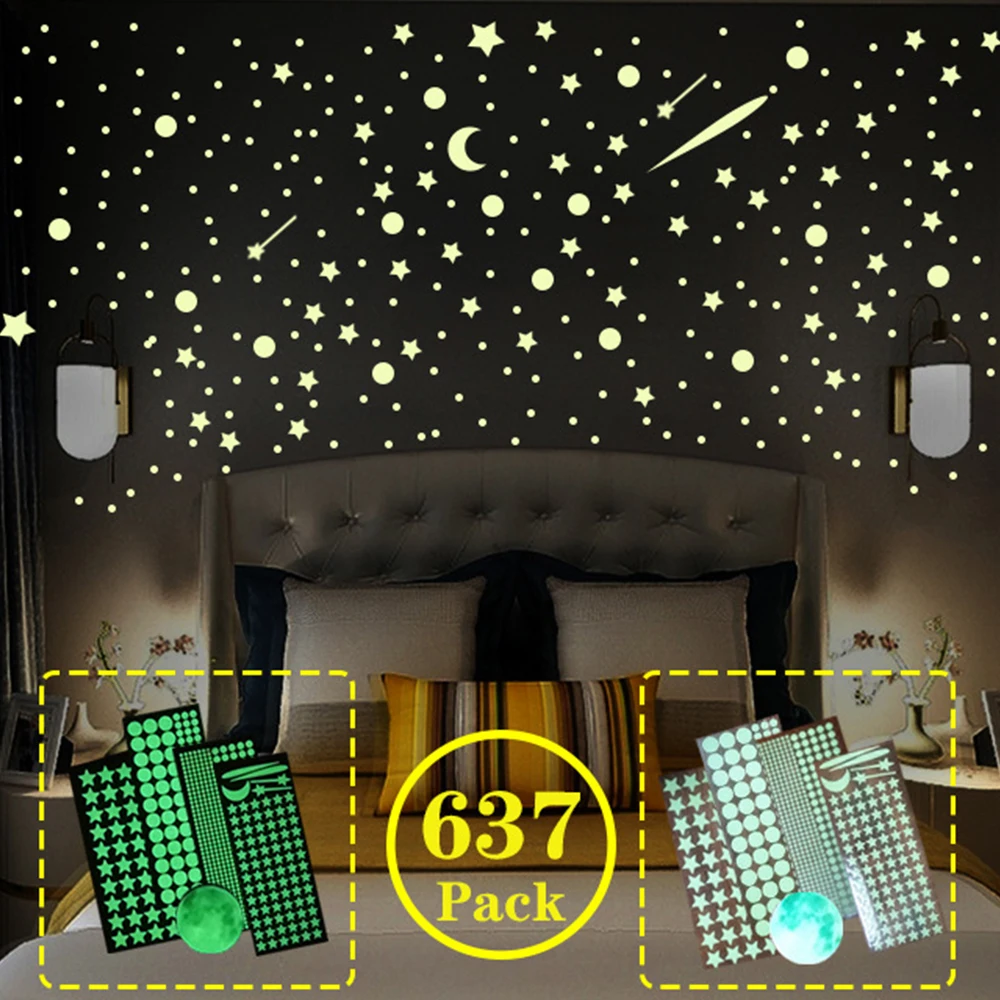 637/849Pc Luminous Moon Stars Wall Stickers PVC Glow in the Dark 3D Home Decoration Wall Decals Set for DIY Kids Bedroom Ceiling