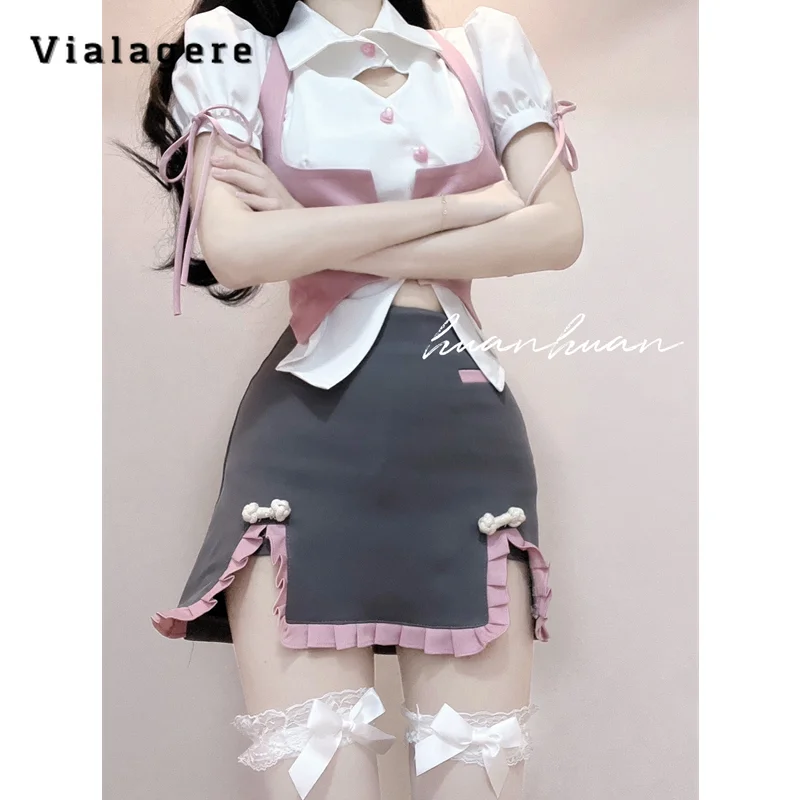 

2023 Summer Sweet Lolita Style 2 Piece Set Women Hollow Out Lace-up Top + Sheath Patchwork Skirt Sexy Two Piece Dress Set