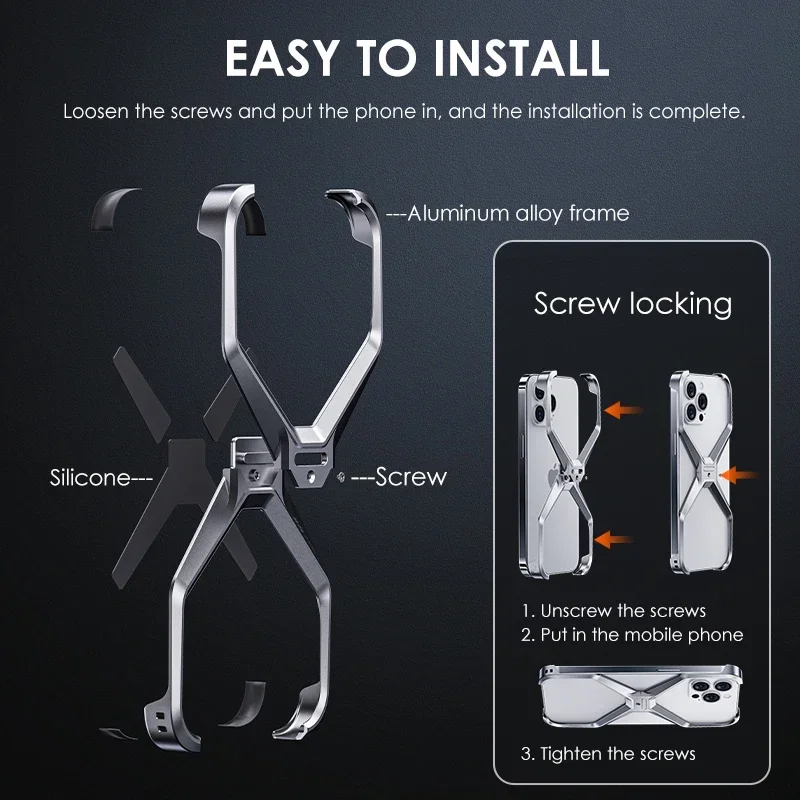 For iPhone 15 14 Pro Max Case Luxury Metal Aluminum Alloy Rimless X Type Removable Heat Dissipation Armor Shockproof Cover