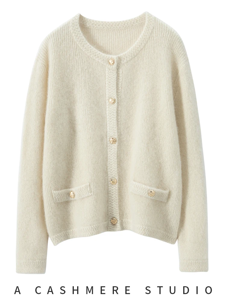 ADDONEE High Quality 100% Cashmere Cardigan For Women O-neck