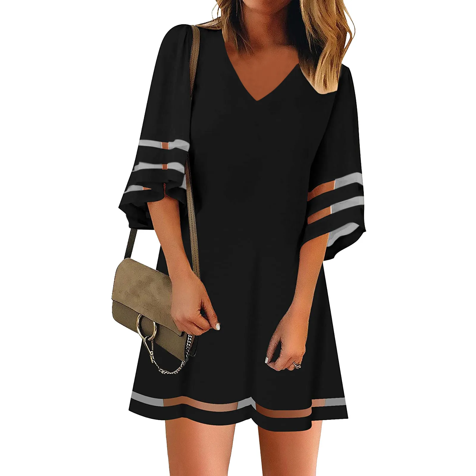 Women's Mini Dress – V-Neck – Ruched Sleeves – Button Closure – A-Line – Striped main image 0
