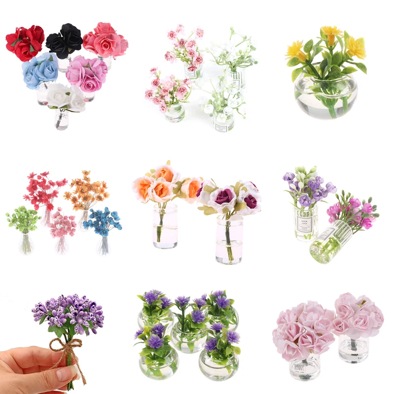 

1:12 Dollhouse Miniature Jasmine Flower Vase Glass Dried Flower Vase Flower Arrangement Pot Doll Home Simulation Potted Plants