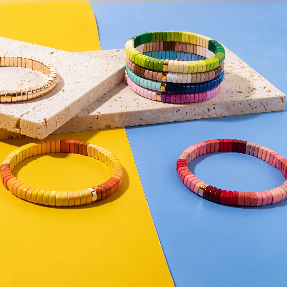 Vibrant Arch Shape Enamel Bracelet - Handmade Colorful Elastic Bead Bangle
