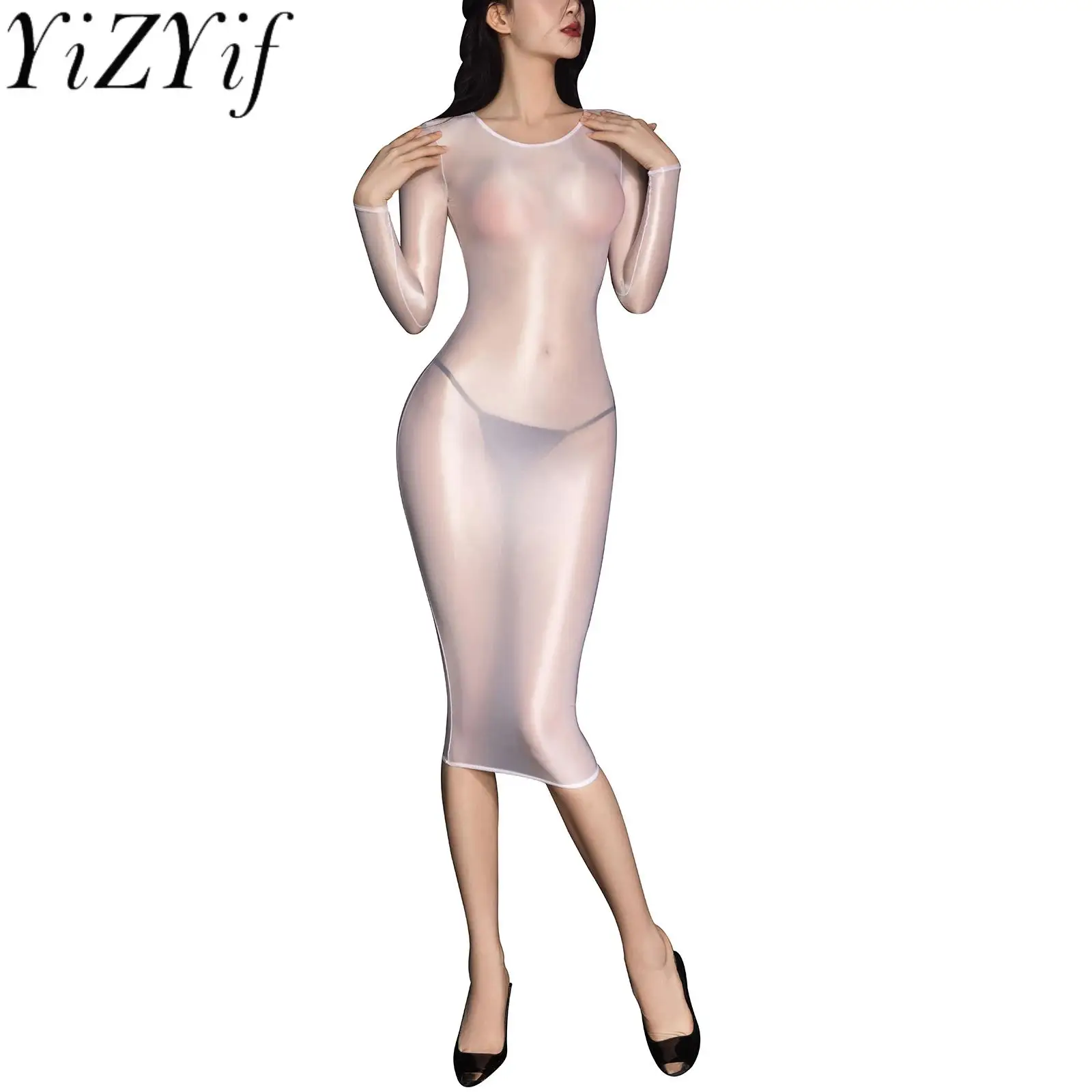 

Party Night Sexy Bodycon Dress Women Oil Glossy Sheer See Through Long Sleeve Round Neck Midi Dresses Bodystockings Clubwear