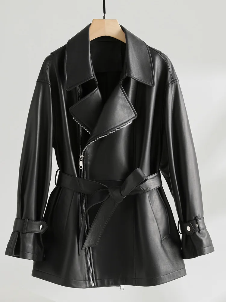 

Куртка женская из овечьей кожи, свободный жакет средней длины с воротником-костюмом, мотоциклетная верхняя одежда, весна-осень