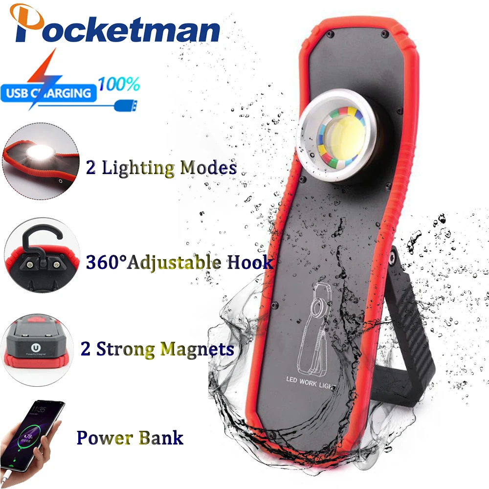 

New Portable Flashlight Torch USB Rechargeable LED Work Light Magnetic COB Lantern Hanging Outdoor Camping Hook Lamp Power Light