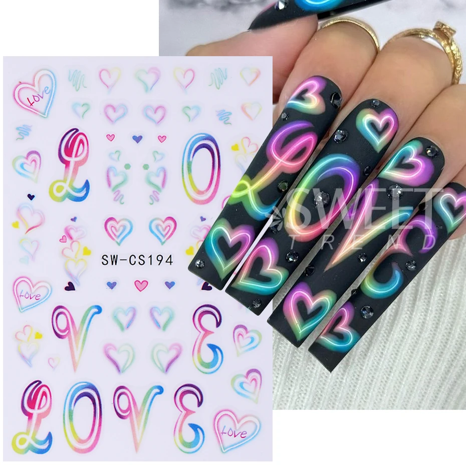 3pcs Cartoon Heart Nail Stickers Colorful Gradient Dripping Love Heartbeat Adhesive Nail Decals DIY Valentine's Manicure Decor