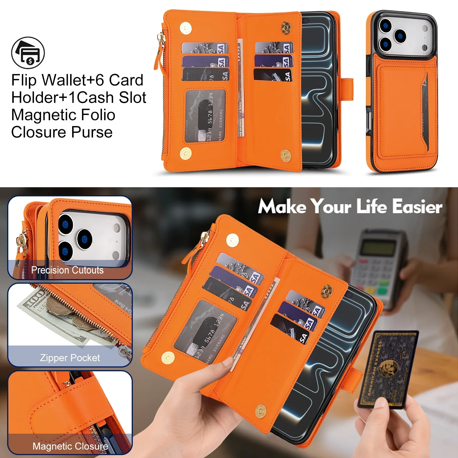 Enhanced Magnetic Artificial Leather Wallet Case with Zipper Pocket