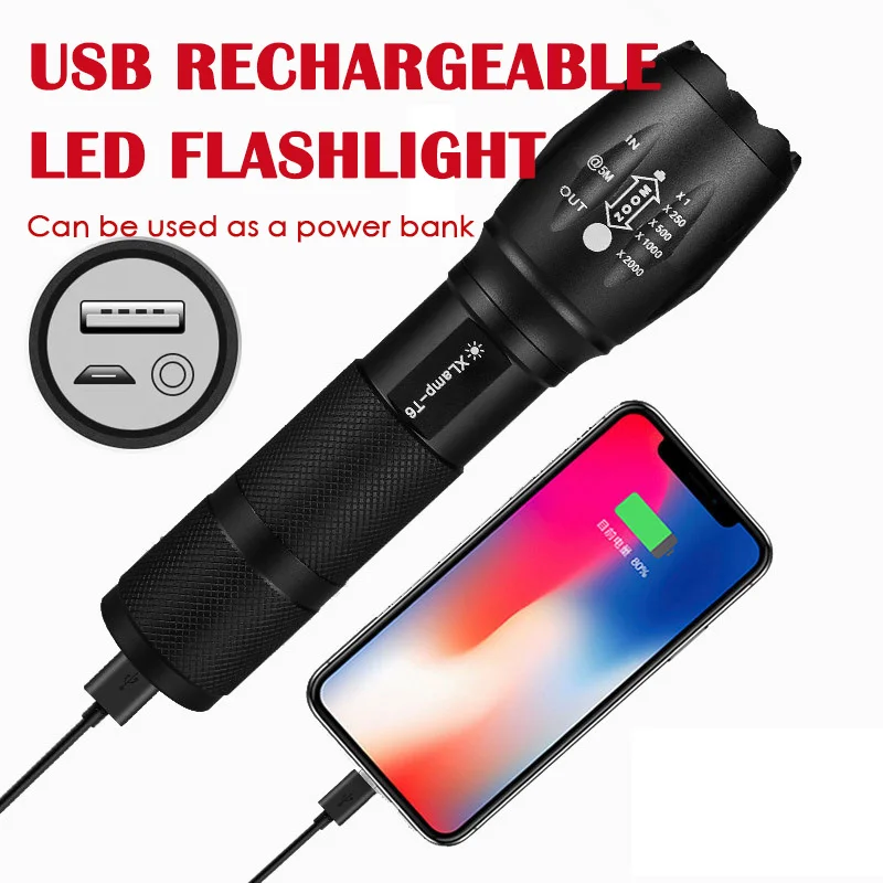 

UltraBright A100 LED Flashlight Built-in battery Rechargeable Long-range Zoomable 3mode Torch lantern can be used as a powerbank