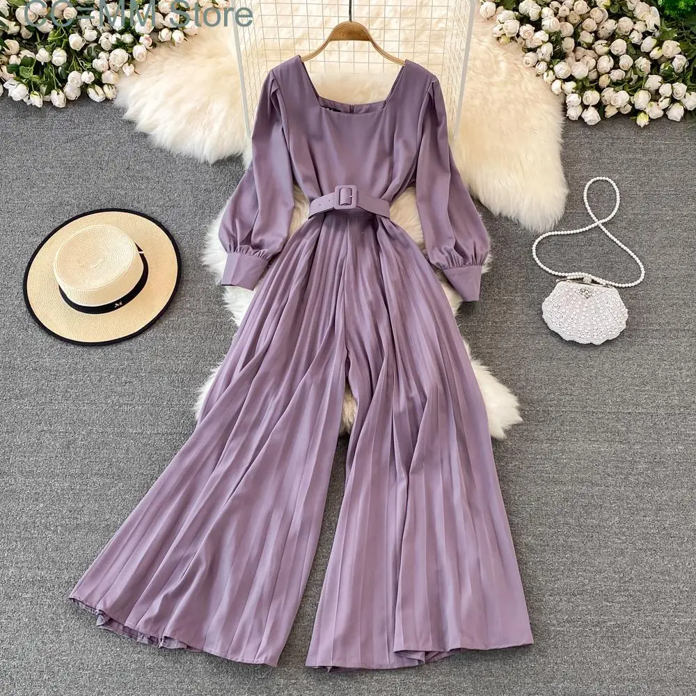 New Sweet Style Women Jumpsuits Pleated Square Collar High Waist Solid Color Lace-up Jumpsuit Spring Summer