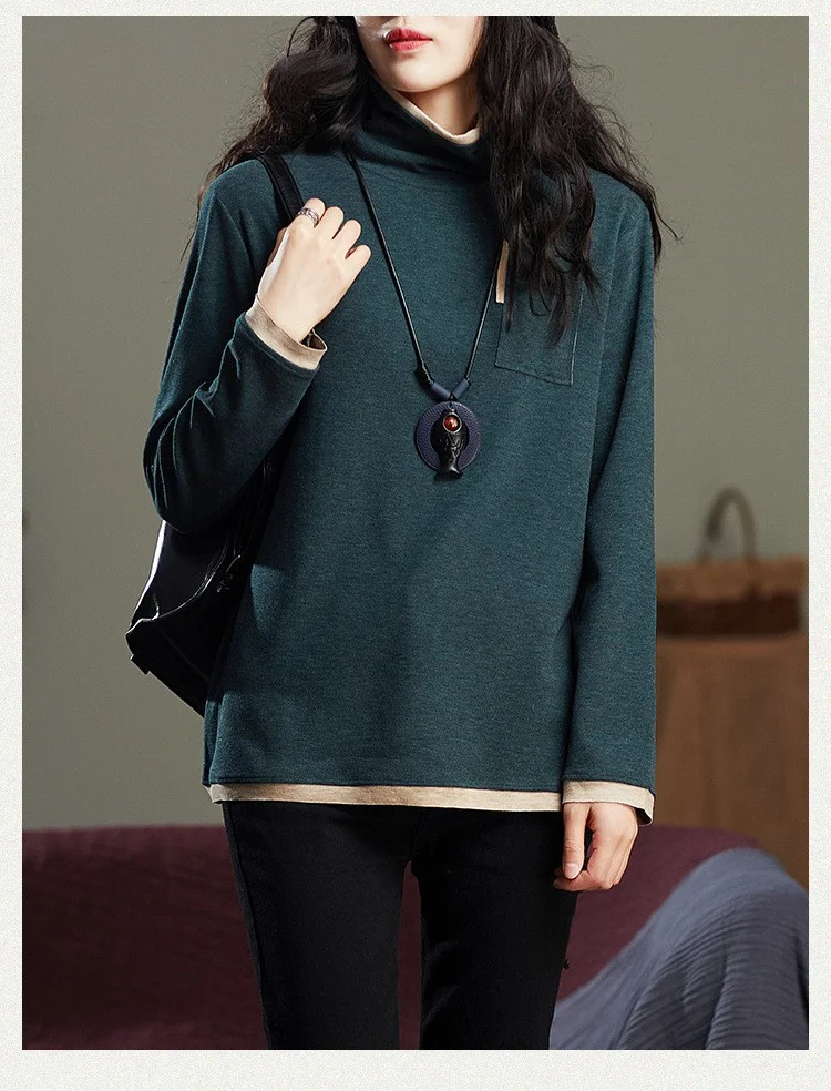 Amax luluE 2025 Turtleneck Loose Long Sleeve Tee Shirt Women Casual Green Tops Female Clothes Solid Color Basic Winter T-shirts