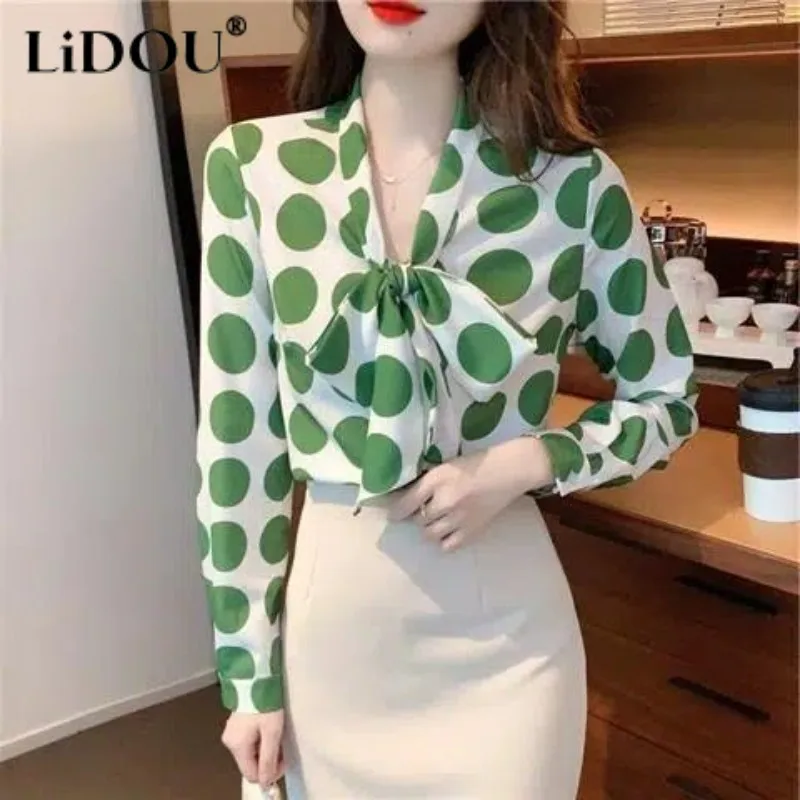 

Tops Women Blouse 2023 Spring Summer V Neck Bow Long Sleeve Office Lady Printing Popularity Casual Single-breasted Korean Style