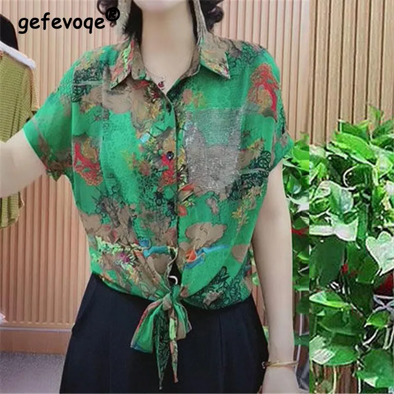 Bow Lace Up Print Rhinestone Loose Chic Chiffon Blouse Top Women 2023 Summer Fashion Casual Turn Down Collar Short Sleeve Shirts