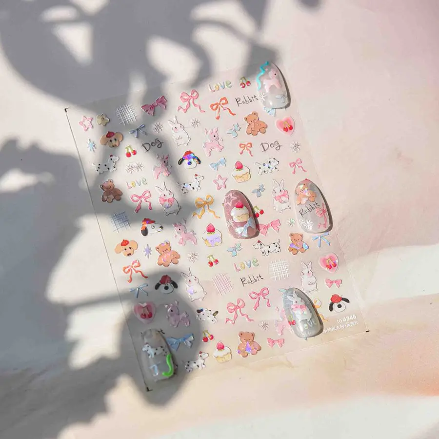 핑크 플랫 낙서 귀여운 강아지 네일 스티커, 파티 케이크 DIY 물컵 카메라 장식, 매니큐어 스티커, 한국 스타일 네일 데칼, 1 개