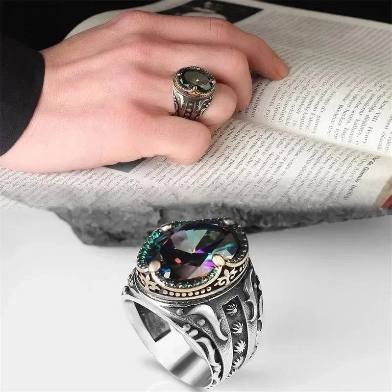 Signet Ring Vintage Handmade Turkish for Men Silver Color Carving Pattern Inlay Zircon Punk