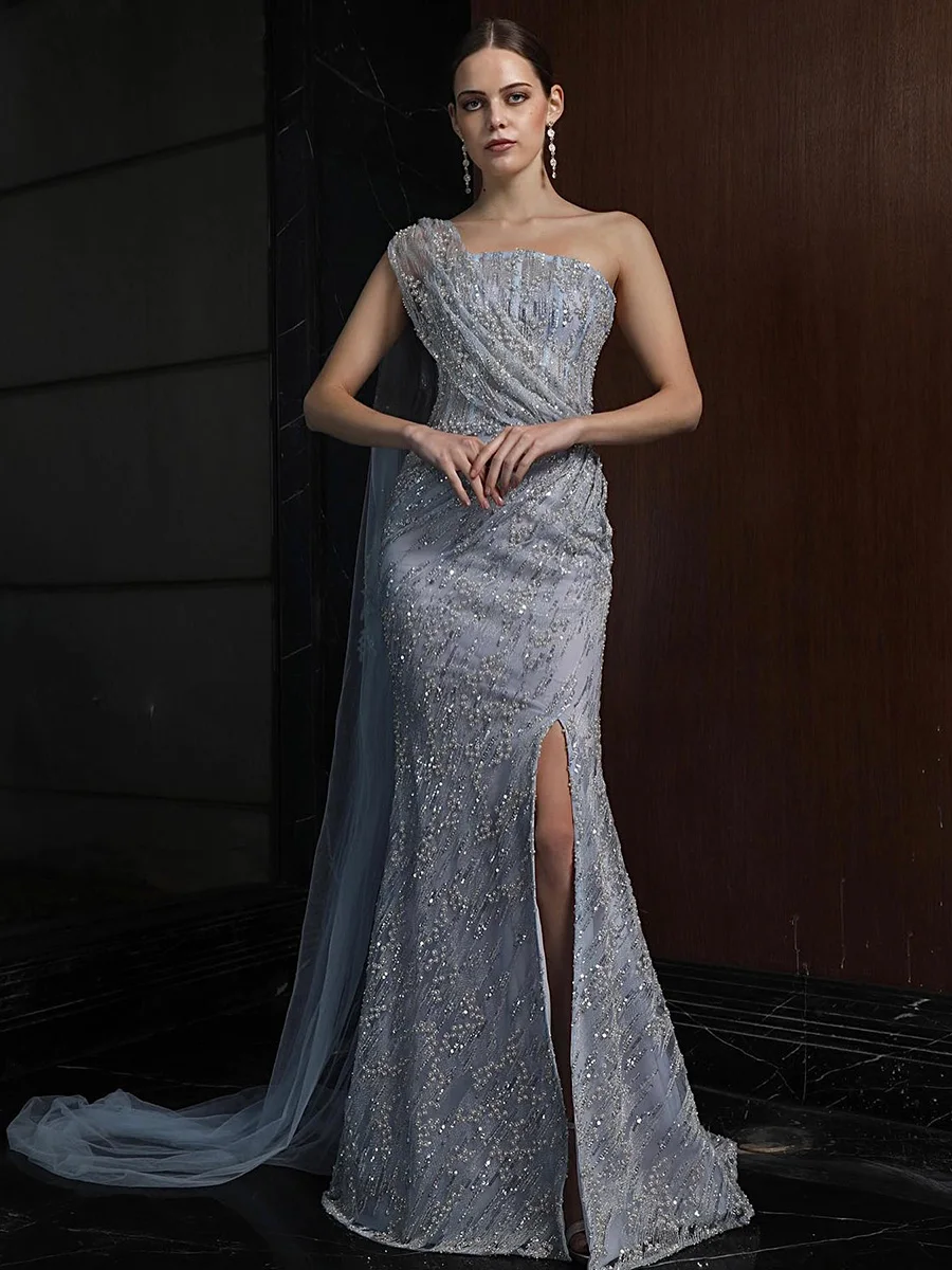 

Light Blue One Shoulder Pleat Ribbons Dubai Mermaid Prom Dresses Crystal Beading Side Split Arab Formal Party Gowns