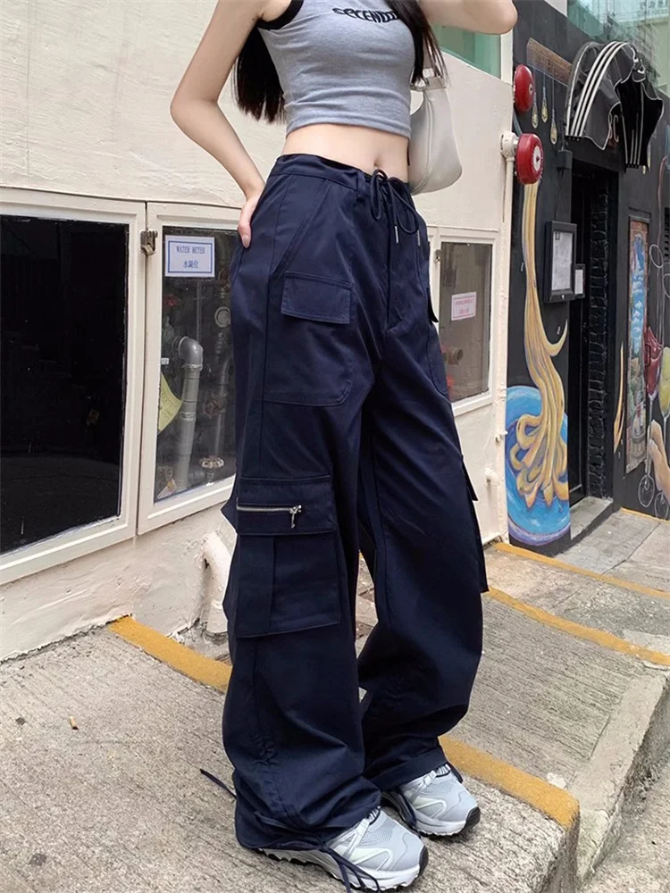 QWEEK Korean Style Navy Blue Cargo Pants Women Y2K 90s Vintage Drawstring  Wide Leg Trousers Oversize Streetwear Retro Sweatpants